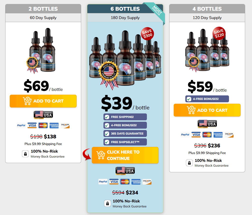 Pineal Guardian X pricing packages including 1 bottle 3 bottles and 6 bottles bundle deals