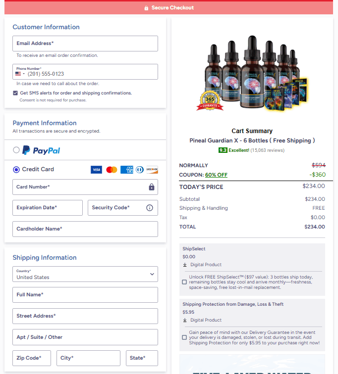 Pineal Guardian X official checkout page showing secure payment and order form for brain detox supplement in the USA